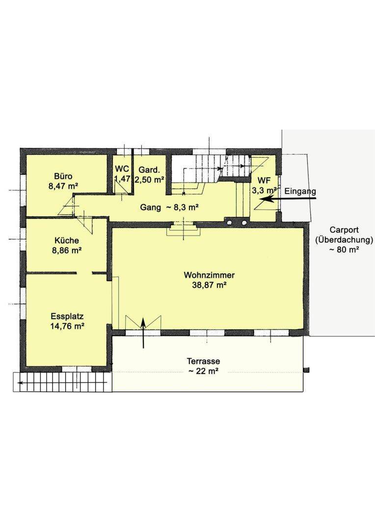 Grundriss des Erdgeschosses mit Wohnzimmer, Essplatz, Küche, Büro und Terrasse.