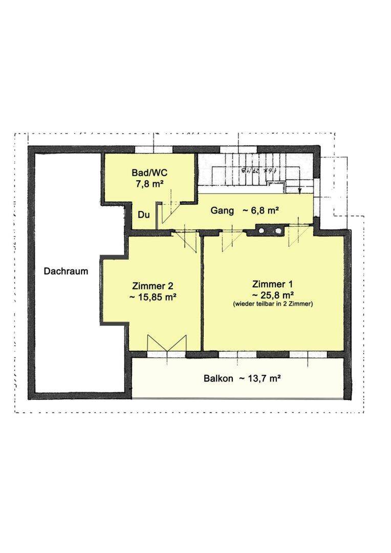 Grundriss des Obergeschosses mit zwei Schlafzimmern, Bad/WC und einem Balkon.