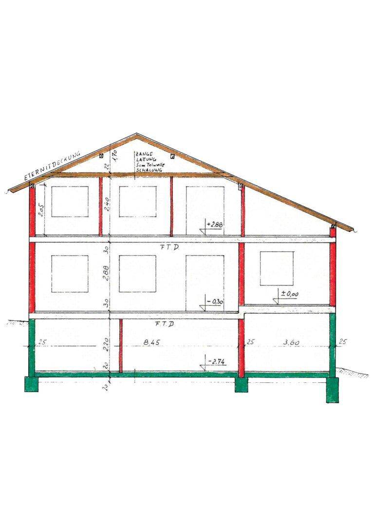 Architektonischer Querschnitt des Gebäudes, zeigt die verschiedenen Stockwerke und Dachkonstruktion.