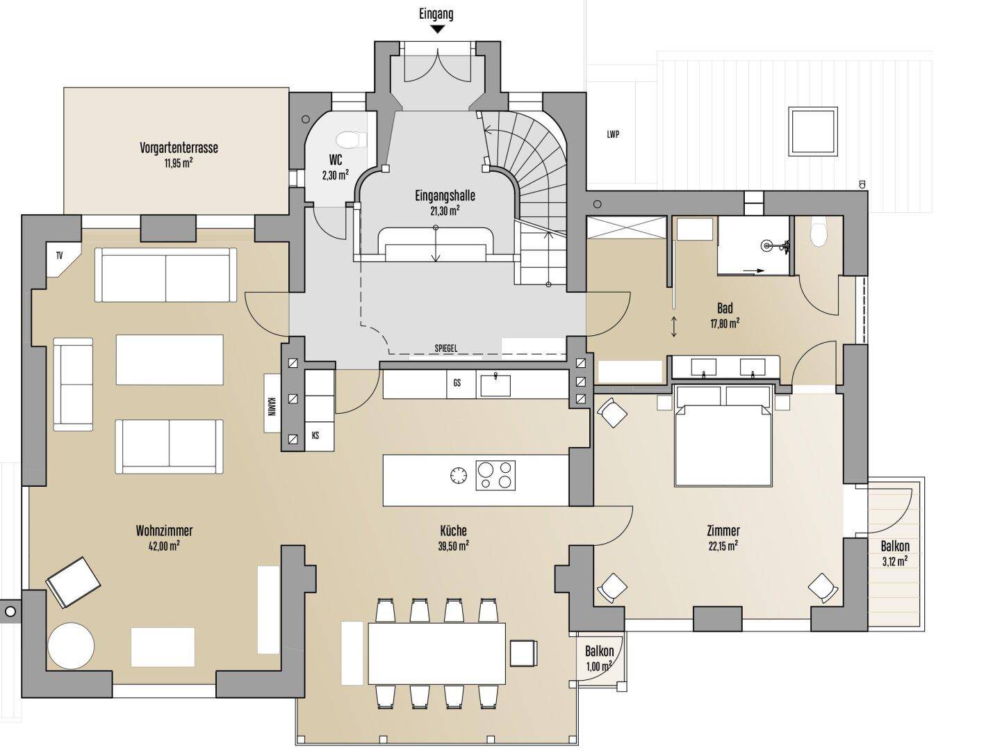 Grundriss des Erdgeschosses mit Wohnzimmer, Küche, Schlafzimmer und mehreren Balkonen.