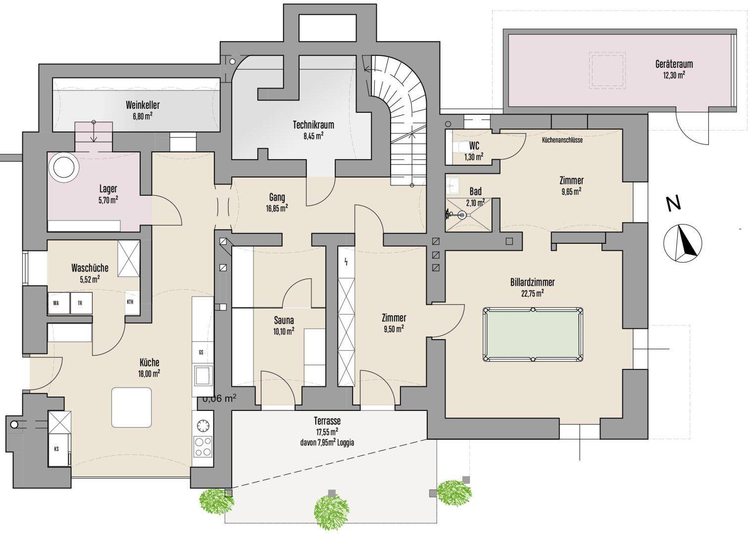 Grundriss des Erdgeschosses mit Weinkeller, Sauna, Billardzimmer und großer Terrasse mit Loggia.