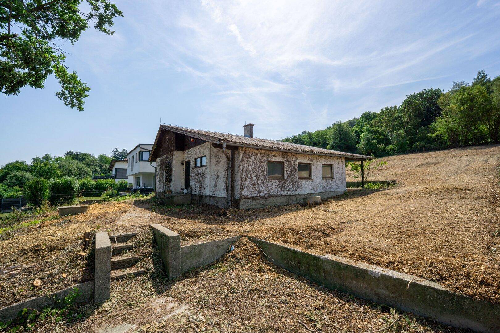 Rückseite des Hauses mit verwildertem Gartenbereich und Blick auf den Hügel.
