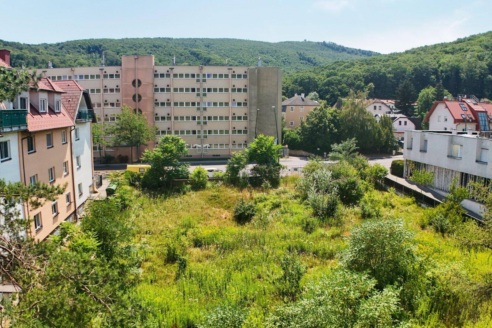 Blick auf ein grünes Grundstück mit umliegenden Gebäuden und bewaldeten Hügeln im Hintergrund.