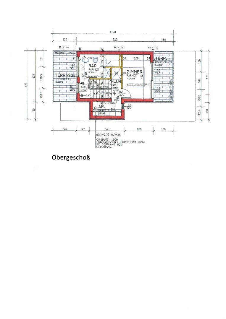 Grundriss des Obergeschosses mit Schlafzimmer, Bad und Zugang zur Dachterrasse.