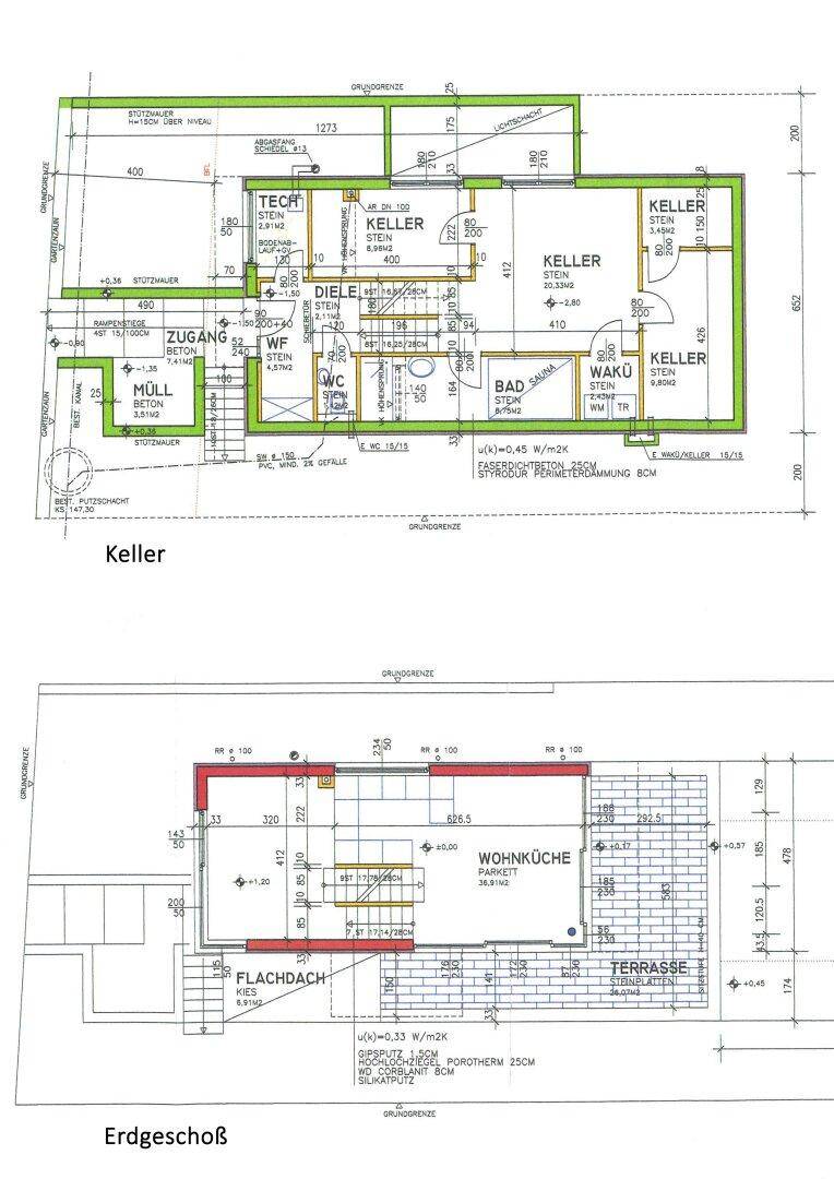 Grundriss des Kellers und Erdgeschosses mit Raumaufteilung und Terrassenzugang.