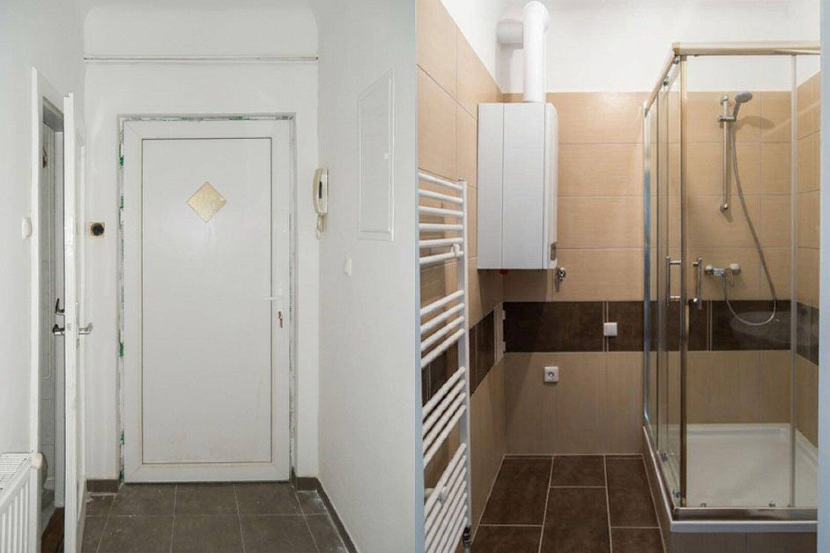 Collage aus einem Flur mit Tür und einem Badezimmer mit Duschkabine und Heizkörper.