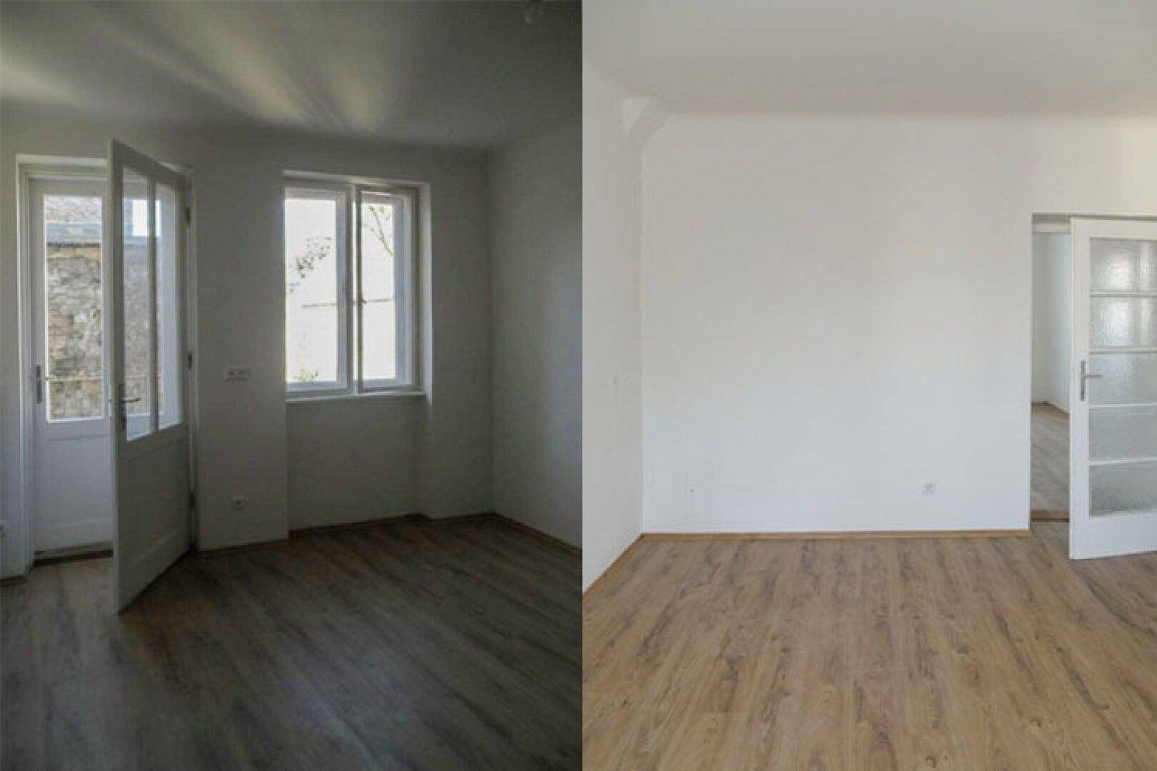 Zwei leere Zimmer mit Laminatboden und Fenstern, die viel Tageslicht hereinlassen.