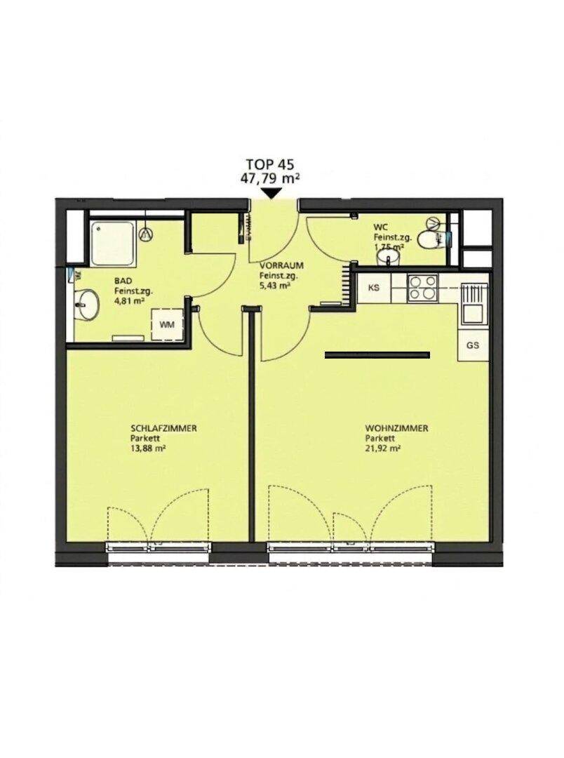 Grundriss einer Zwei-Zimmer-Wohnung mit separatem WC und Bad.