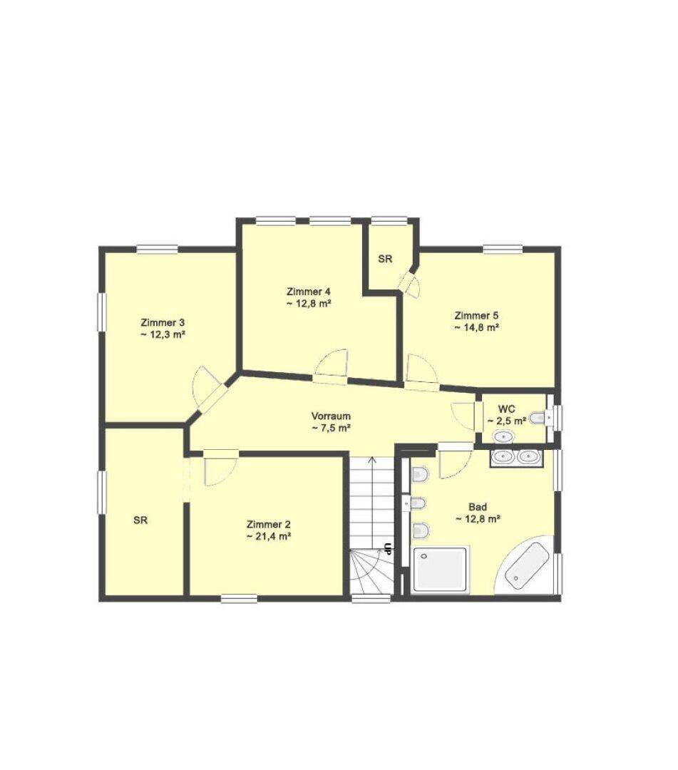 Grundrissplan einer Etage mit mehreren Zimmern, einem Badezimmer, separatem WC und Stauraum.