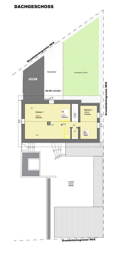 Grundriss des Dachgeschosses mit Schlafzimmern, Bad und Dachschrägen.