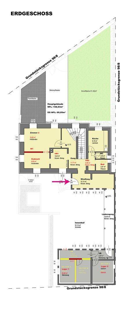 Grundriss des Erdgeschosses mit mehreren Zimmern, Bad und Zugang zum Garten.
