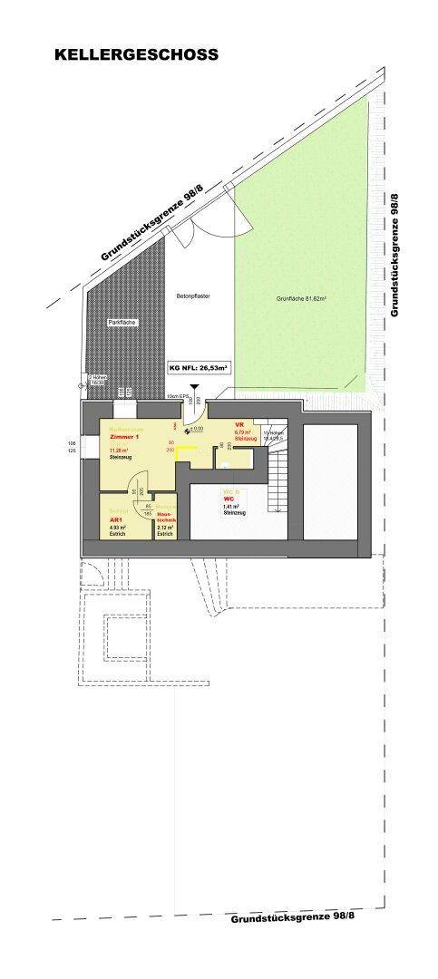 Grundriss des Kellergeschosses mit Zimmern, Bad und Abstellflächen.