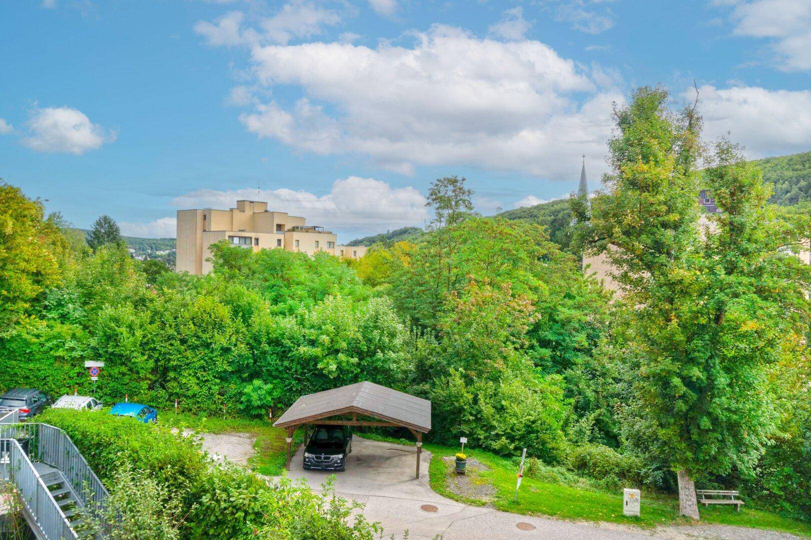 Panoramablick auf die grüne Umgebung mit Bäumen, einem Gebäude und einem Carport mit Parkplätzen.