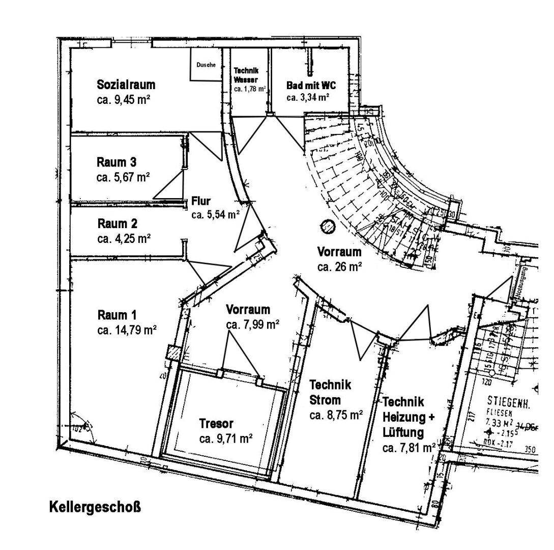 Grundriss des Kellergeschosses mit Sozialraum, Technikräumen, Tresor und weiteren Zimmern.