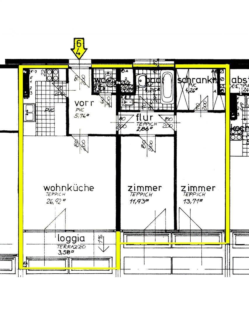 Grundriss der Wohnung mit Wohnküche, zwei Zimmern, Loggia und Bad.