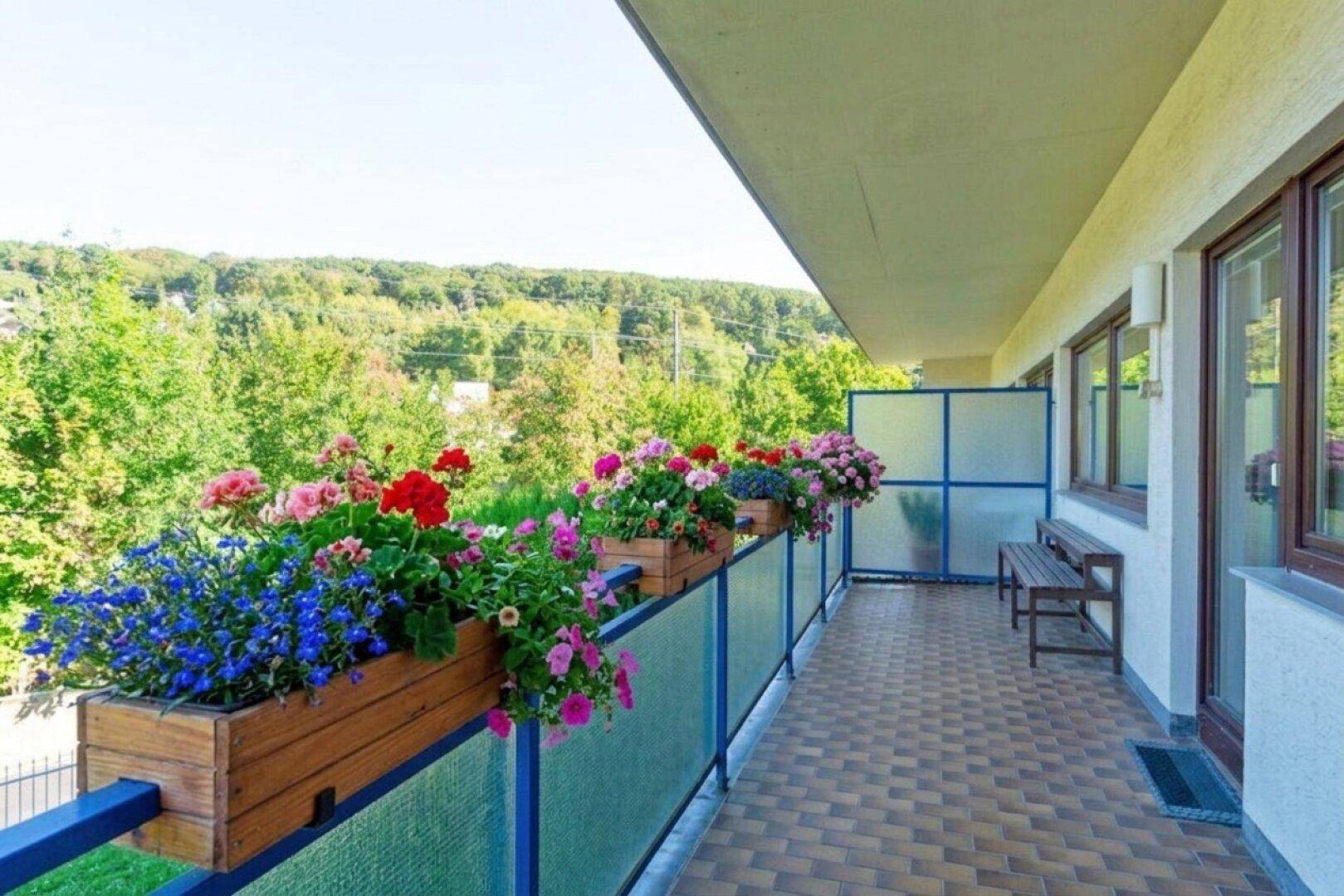 Großer Balkon mit bunten Blumenkästen, Fliesenboden und weitem Blick ins Grüne.