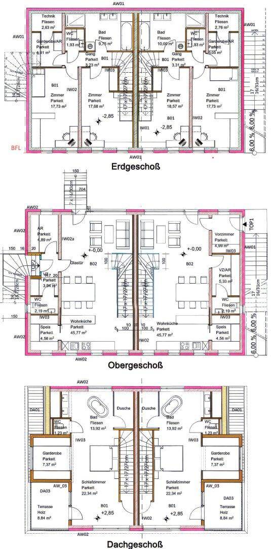 Drei Grundrisse zeigen Erdgeschoss, Obergeschoss und Dachgeschoss eines Doppelhauses.