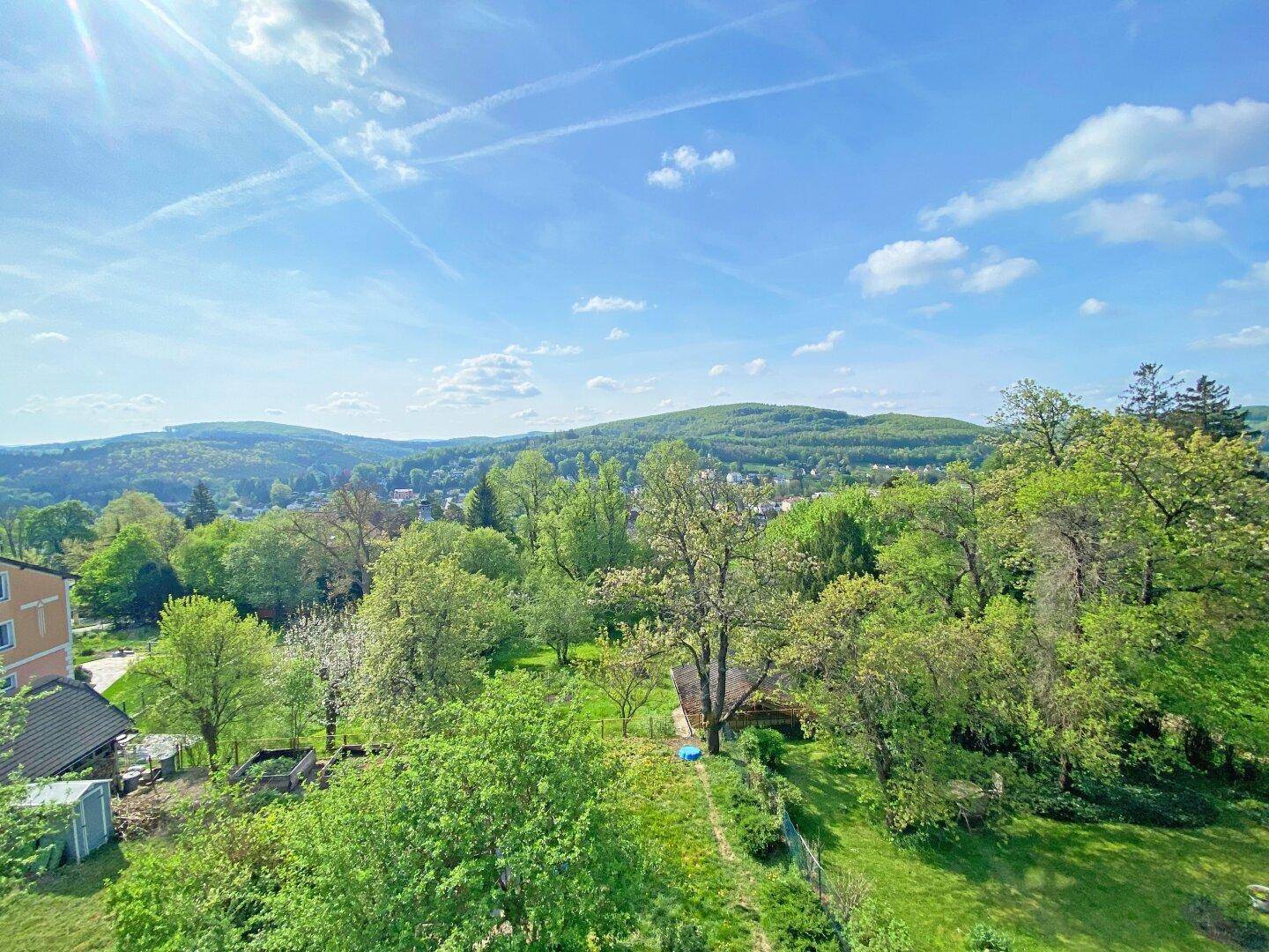 Weitläufiger Panoramablick über grüne Hügel und bewaldete Landschaft unter blauem Himmel.