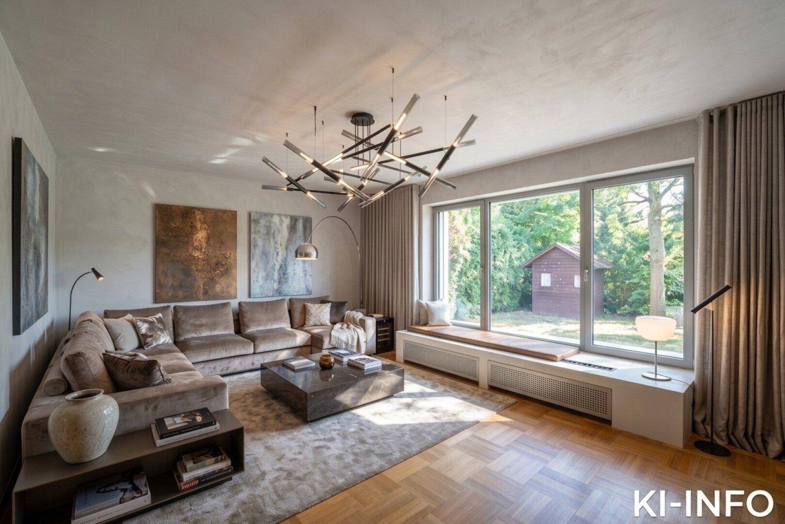 Modernes Wohnzimmer mit großem Sofa, stilvoller Beleuchtung und Blick in den Garten.
