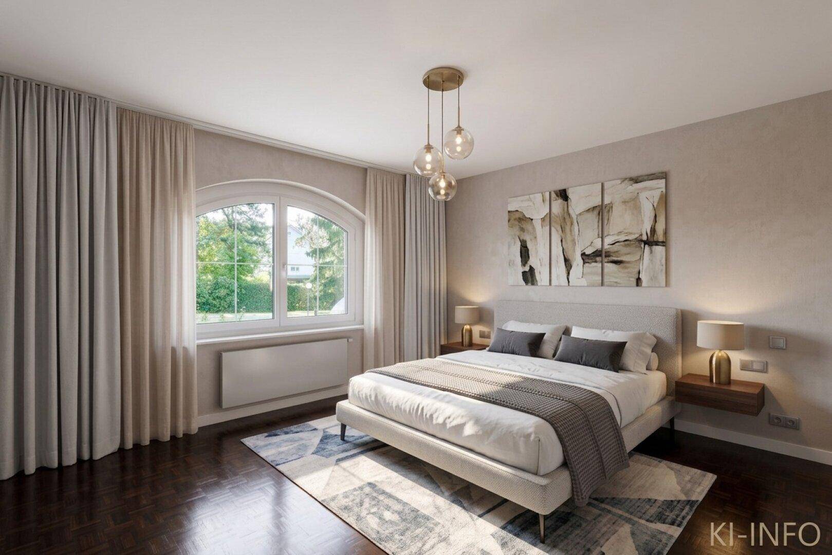 Modernes Schlafzimmer mit Holzboden, stilvollem Bett und großem Bogenfenster.