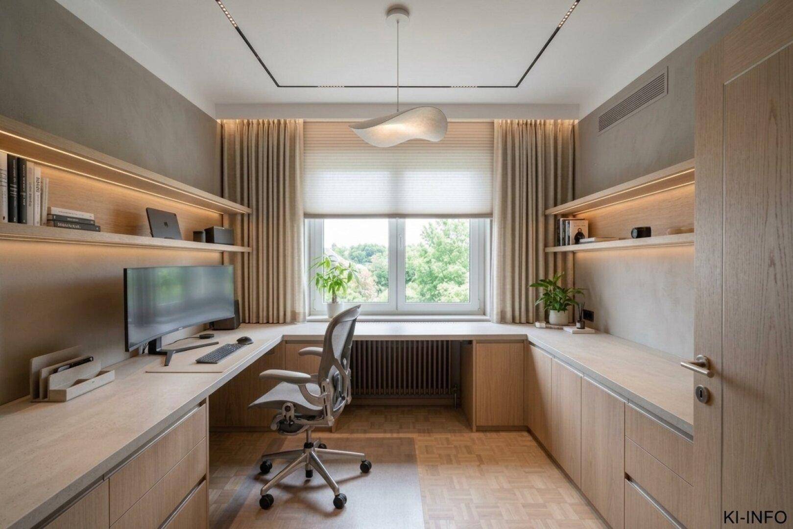 Modernes Arbeitszimmer mit maßgefertigten Holzmöbeln und viel natürlichem Licht.