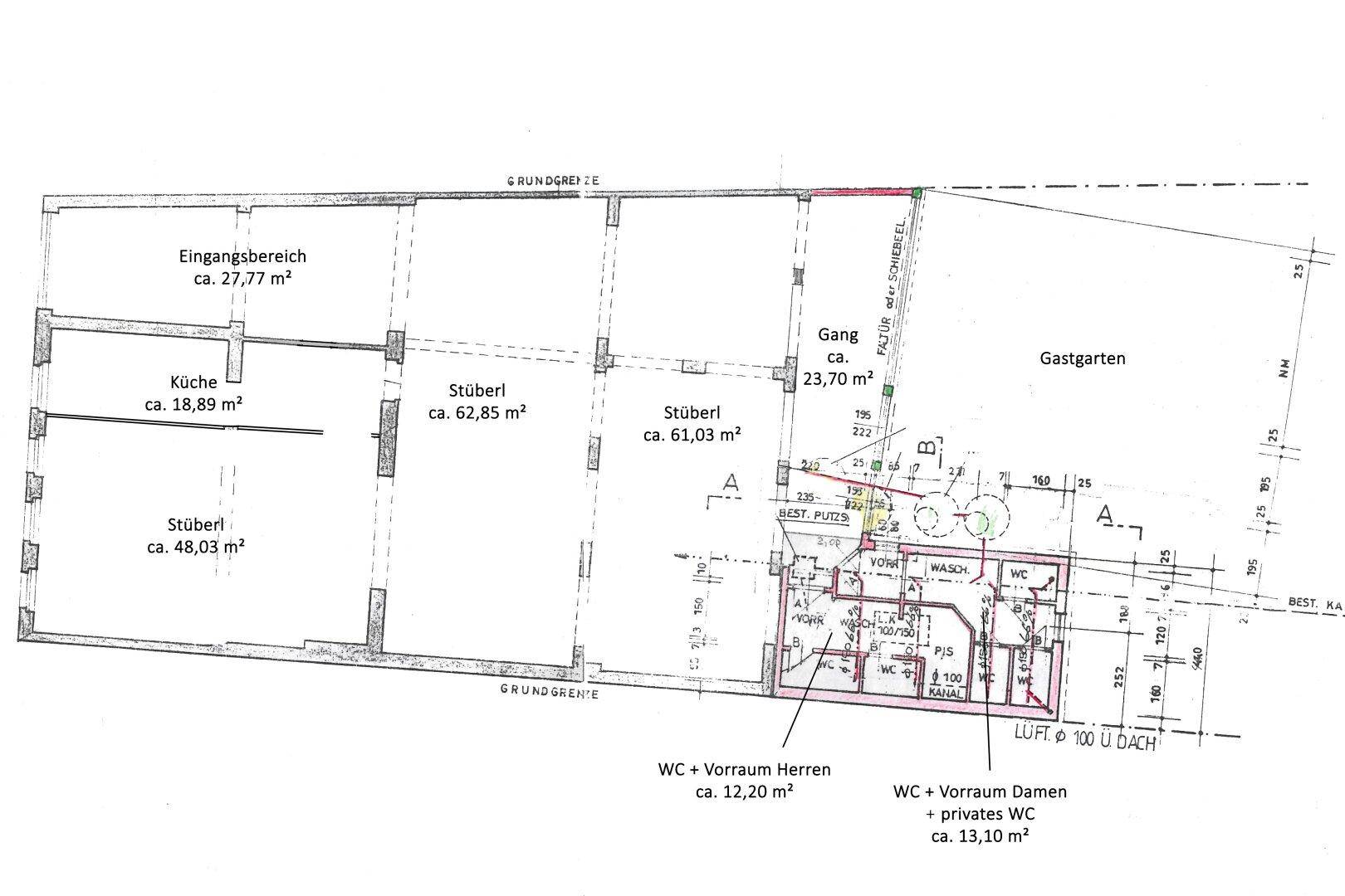 Grundrissplan des Erdgeschosses mit Gasträumen, Küche, Eingangsbereich und Toilettenanlagen.