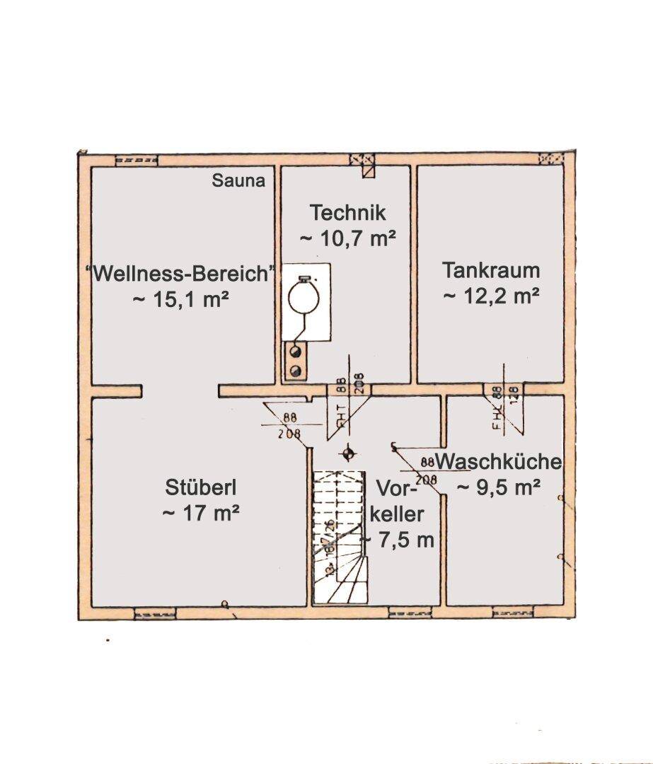 Grundriss des Untergeschosses mit Sauna, Wellness-Bereich, Stüberl und Waschküche.
