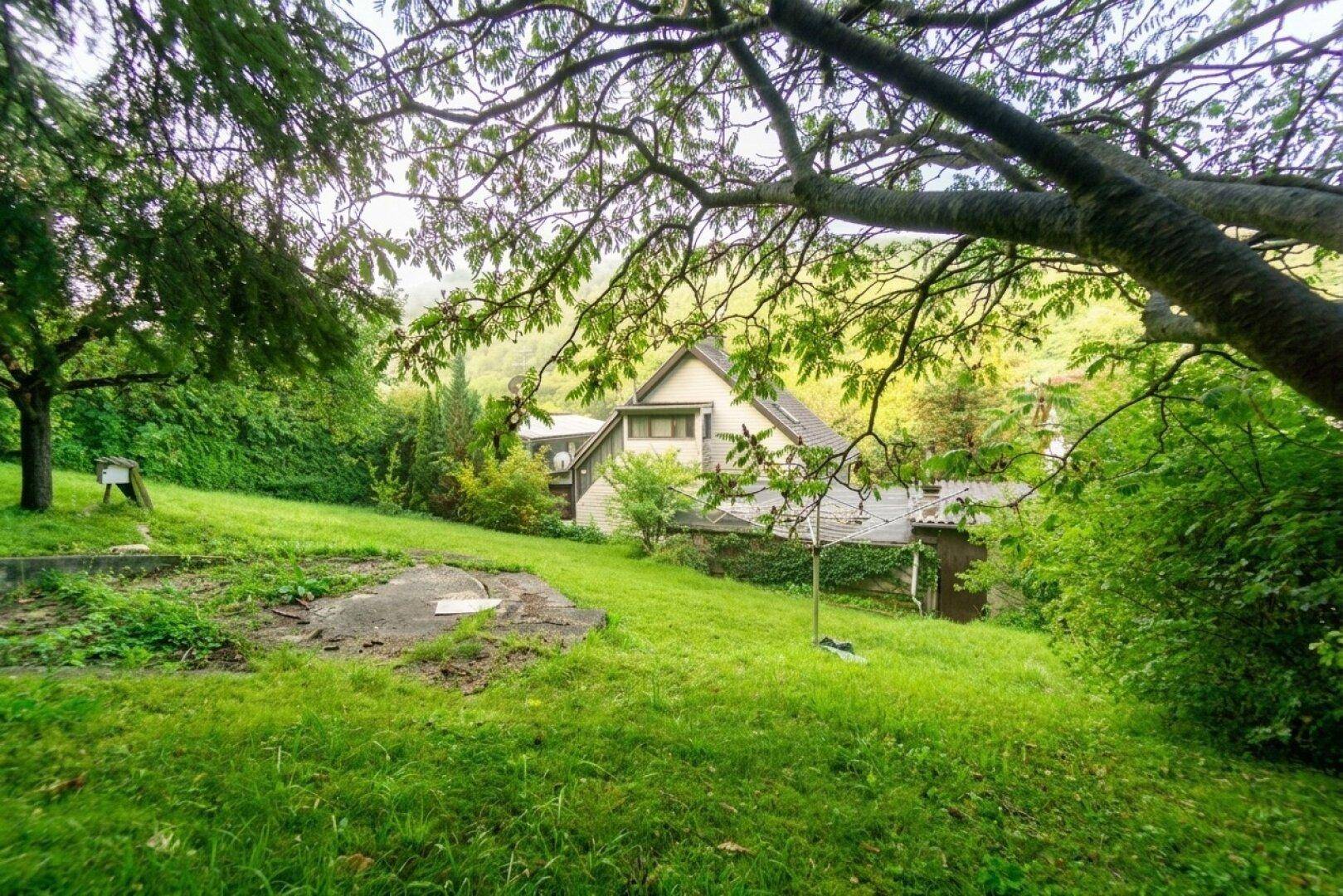 Weitläufiger Gartenbereich mit Rasen und altem Baumbestand, der einen Blick auf das Haus freigibt.