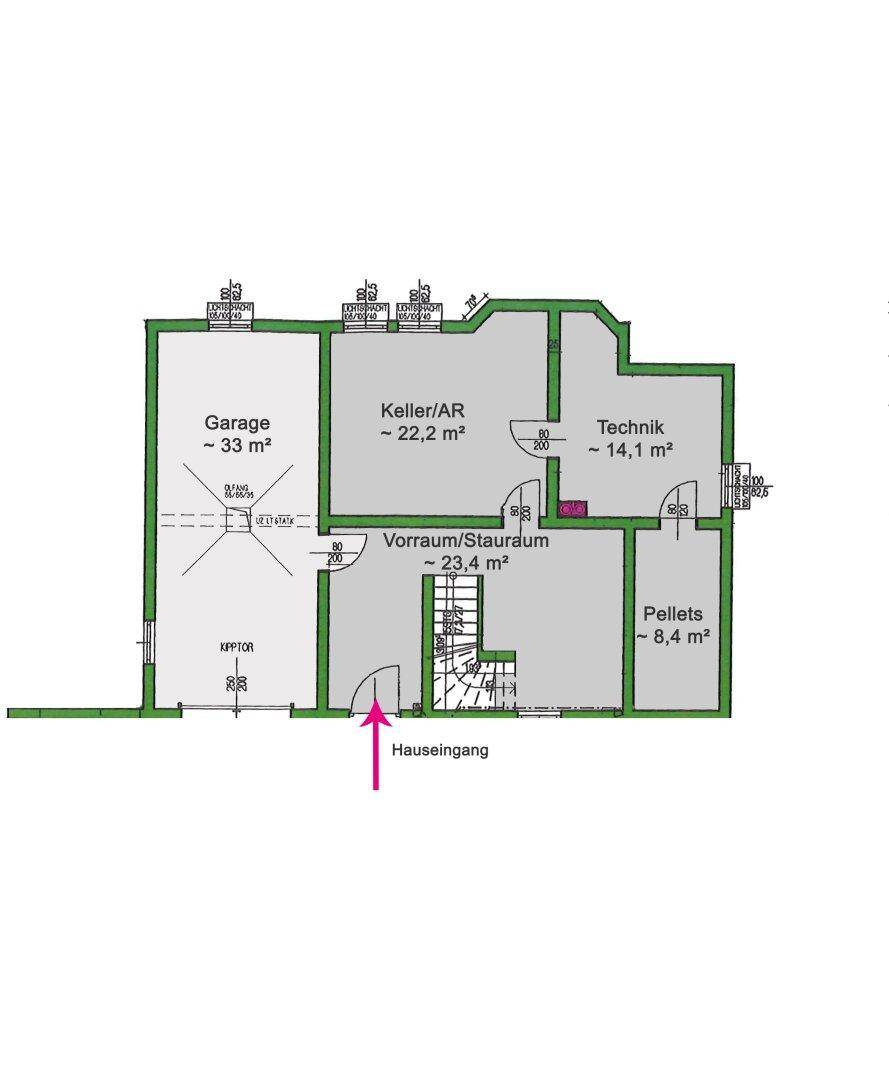 Grundriss des Untergeschosses mit Garage, Keller, Technikraum und Vorratsraum.