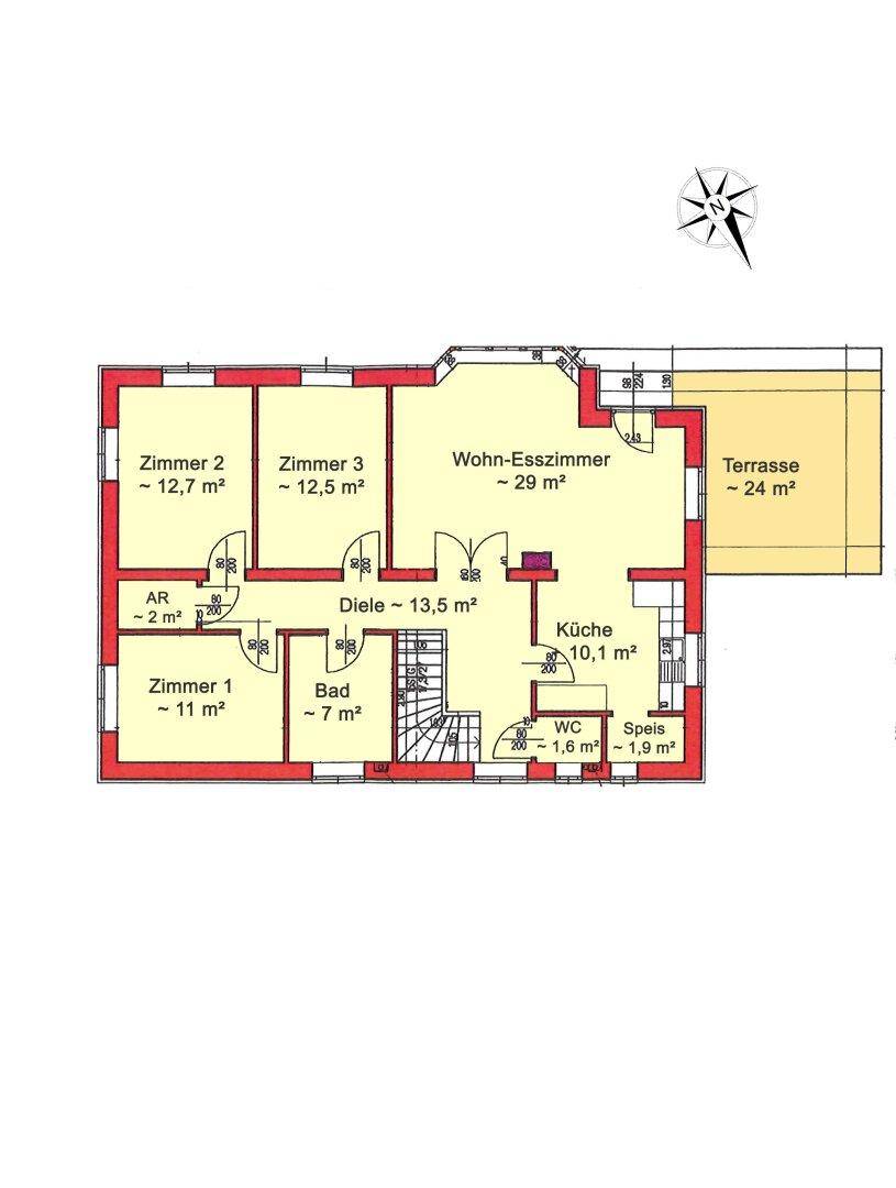 Grundriss des Erdgeschosses mit Wohn-Esszimmer, Küche, drei Zimmern und Terrasse.
