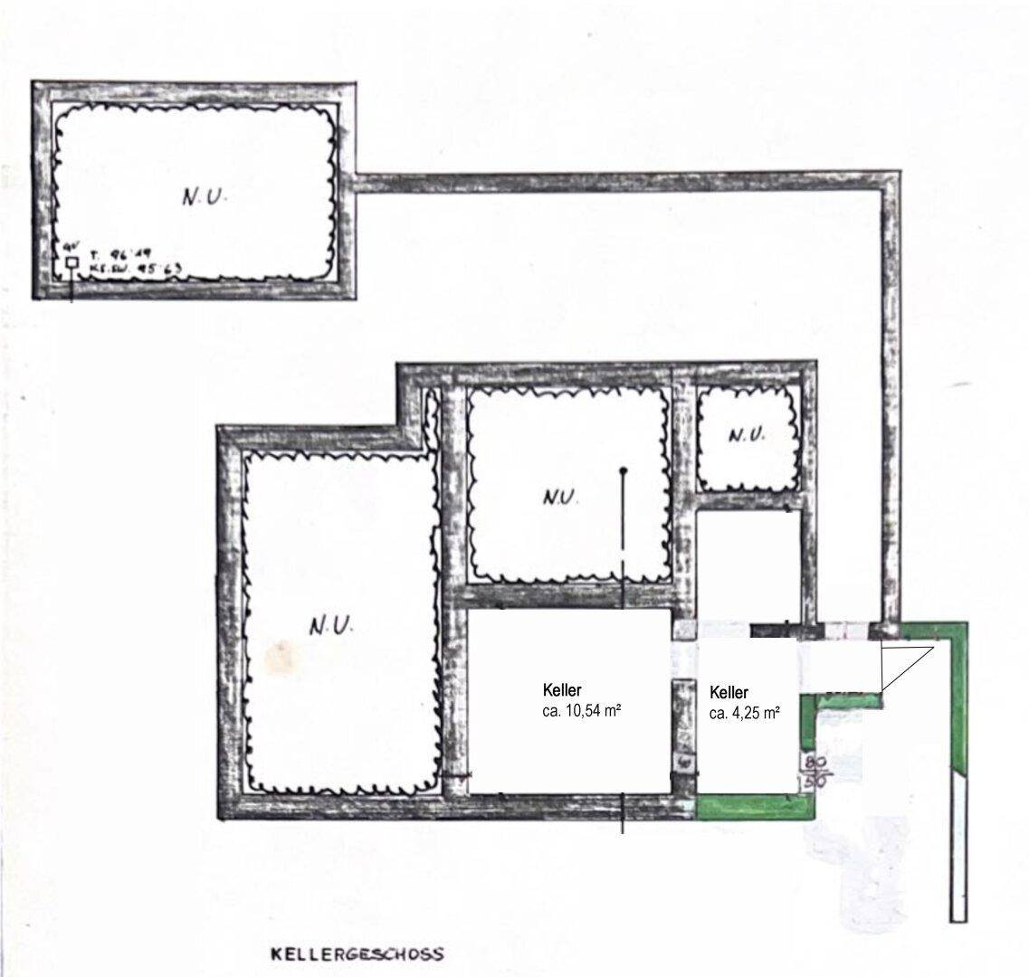Grundriss des Kellergeschosses mit mehreren Nutzflächen und zwei Kellerräumen.