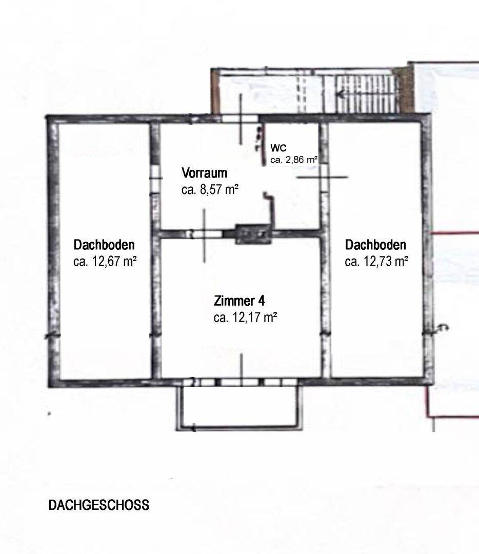 Grundriss des Dachgeschosses mit einem Zimmer, WC und zwei Dachbodenbereichen.