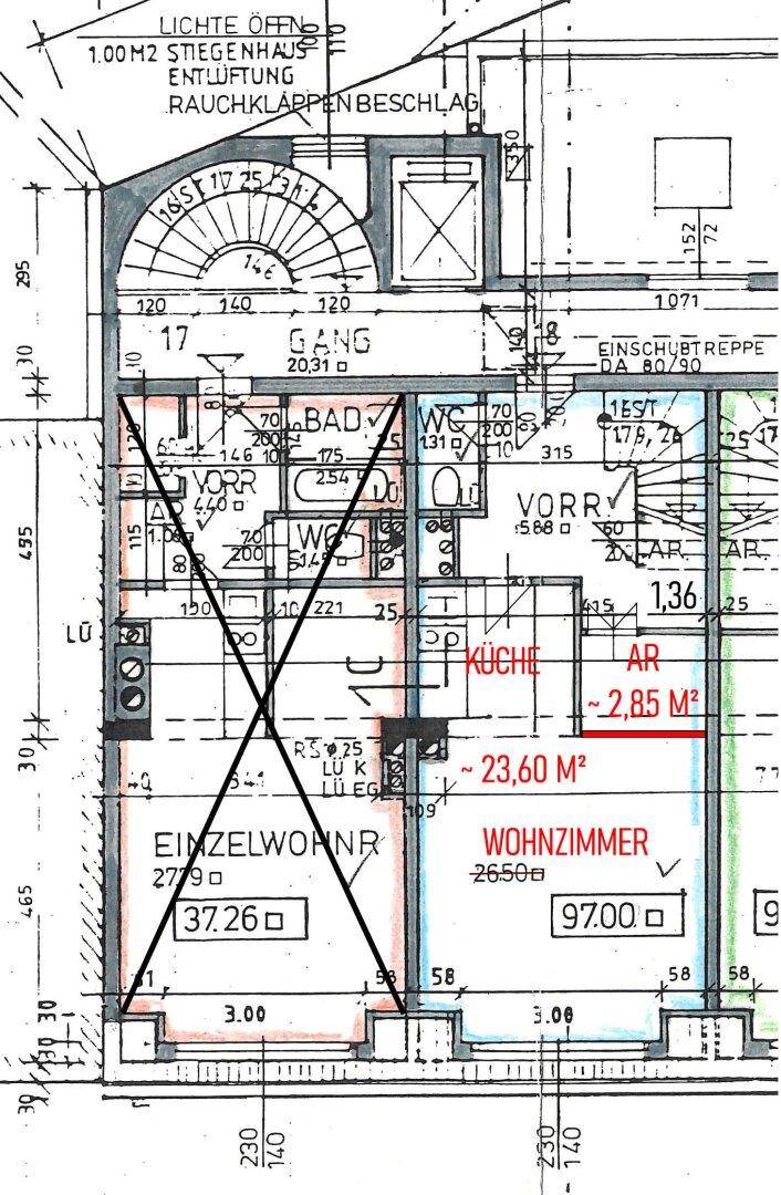 Grundriss des Obergeschosses mit Bad, WC, Küche und Wohnzimmer.