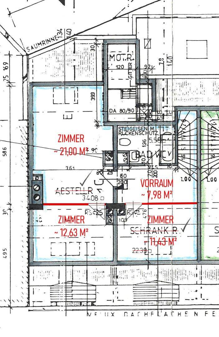 Grundriss des Dachgeschosses mit mehreren Zimmern und Schrankbereich.