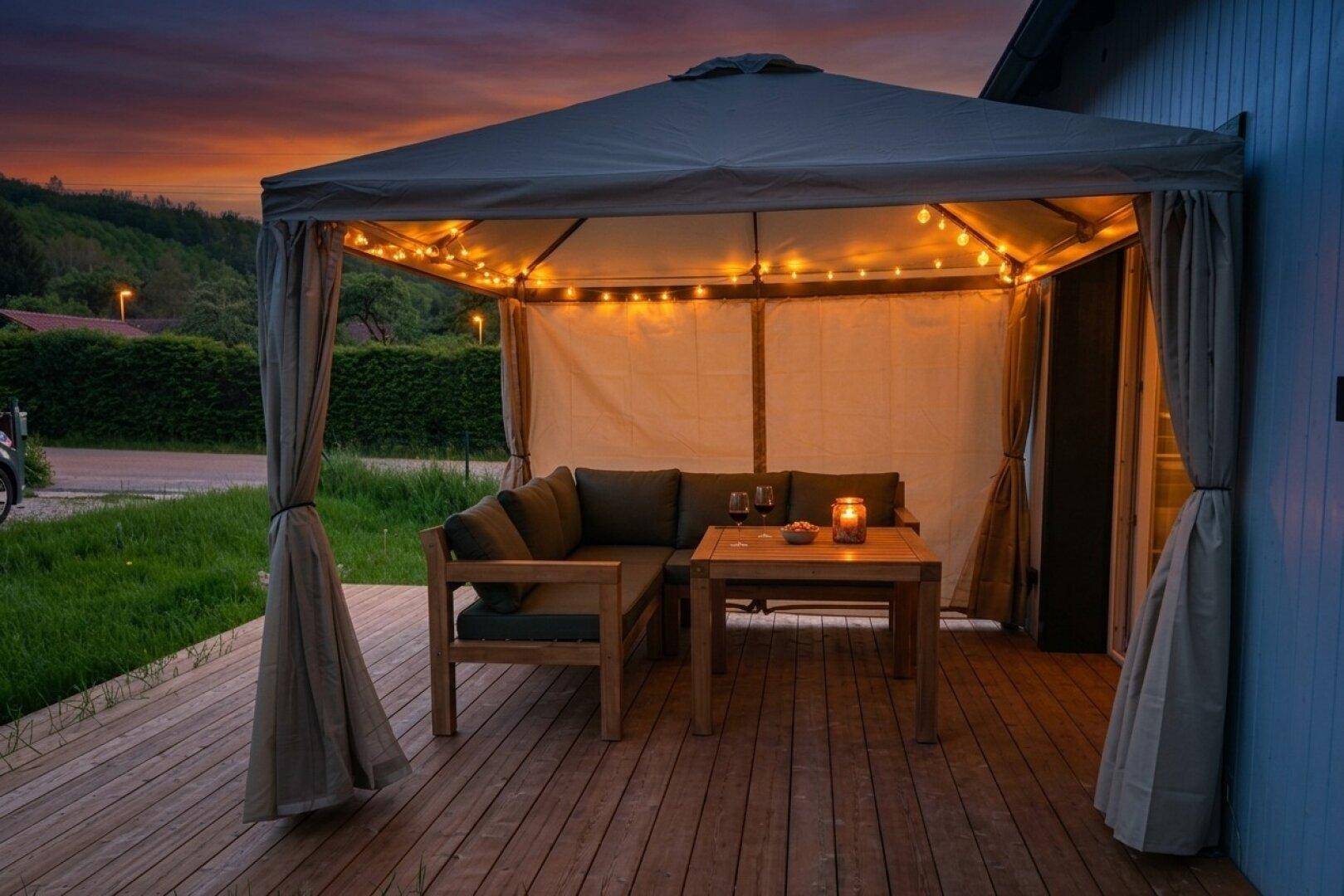 Gemütlicher überdachter Sitzbereich auf der Holzterrasse mit Lichterkette am Abend.