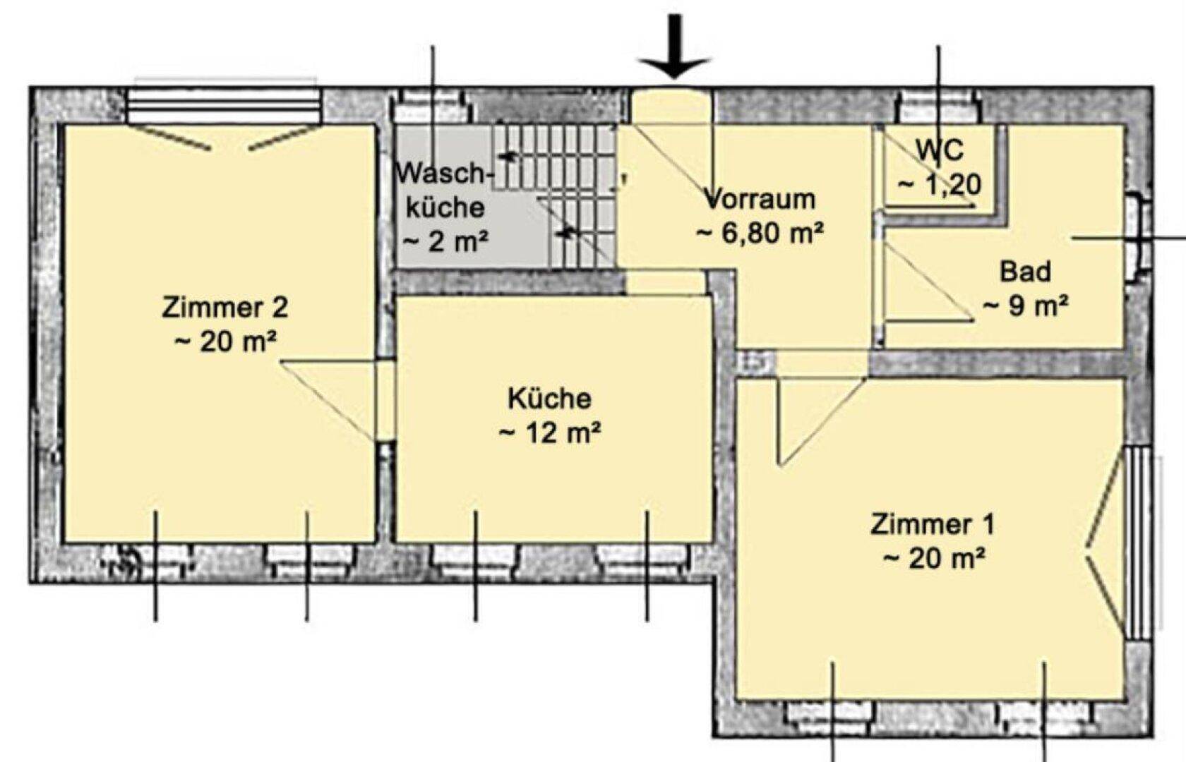 Grundrissplan des Erdgeschosses mit Küche, zwei Zimmern, Bad und separatem WC.