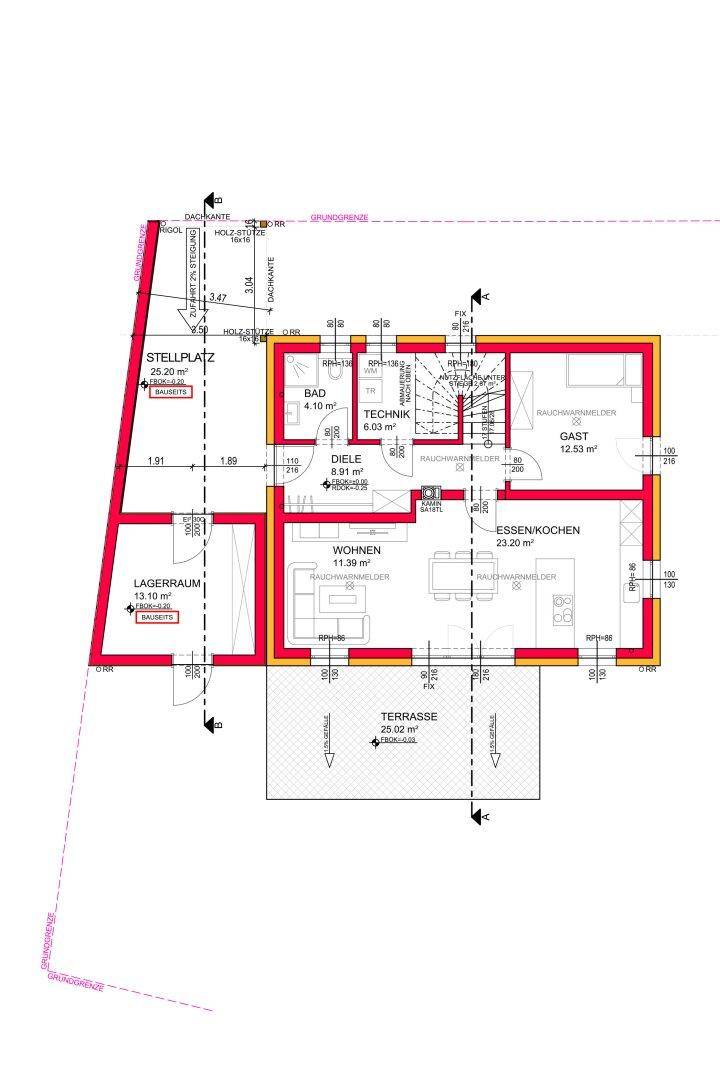Grundriss des Erdgeschosses mit Terrasse, Stellplatz und offenem Wohnbereich.