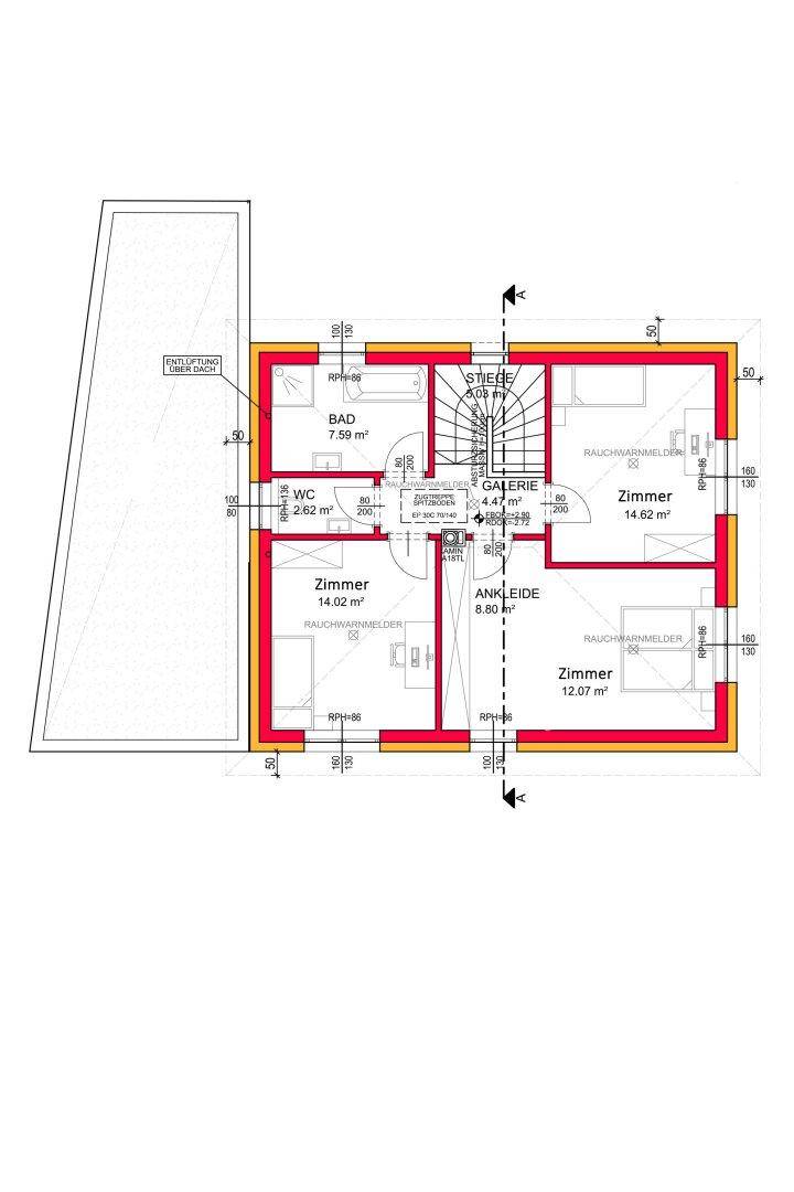 Grundriss des Obergeschosses mit drei Zimmern, Bad und Ankleidebereich.