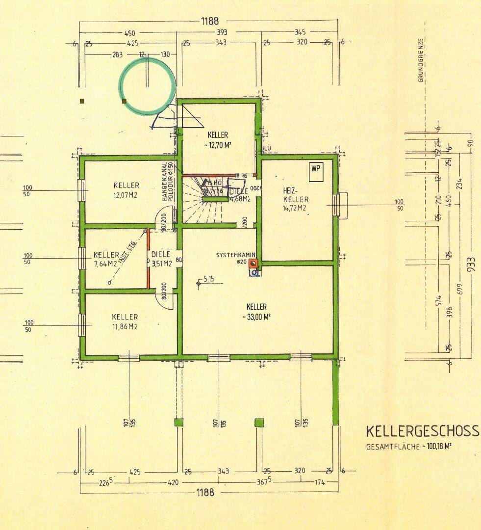 Grundriss des Kellergeschosses mit mehreren Kellerräumen und Heizungskeller.