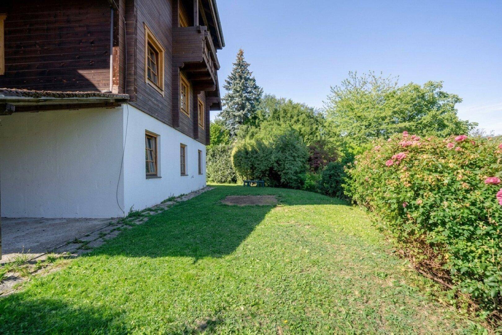 Gepflegter Rasenbereich entlang der Hausfassade mit blühenden Büschen und viel Grün im Garten.