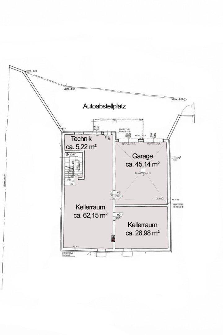 Grundriss des Untergeschosses mit Garage, Technikraum und Kellerräumen.