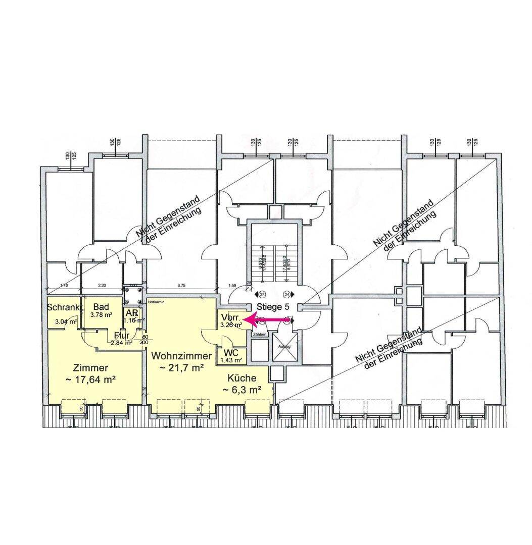 Grundriss einer Wohnung mit Zimmer, Wohnzimmer, Küche, Bad, WC und Abstellraum.