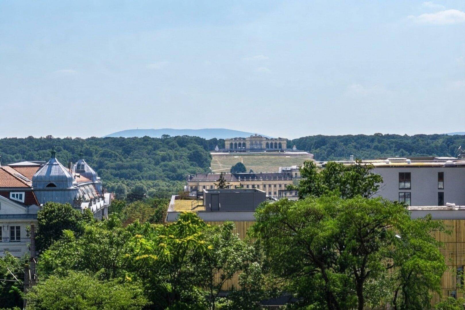 Panoramablick über grüne Baumwipfel mit einem historischen Gebäude in der Ferne unter blauem Himmel.