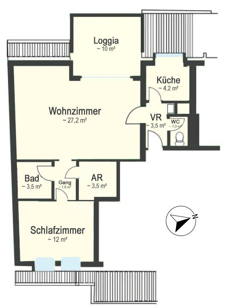 Grundriss einer Wohnung mit Wohnzimmer, Schlafzimmer, Küche, Bad und Loggia.
