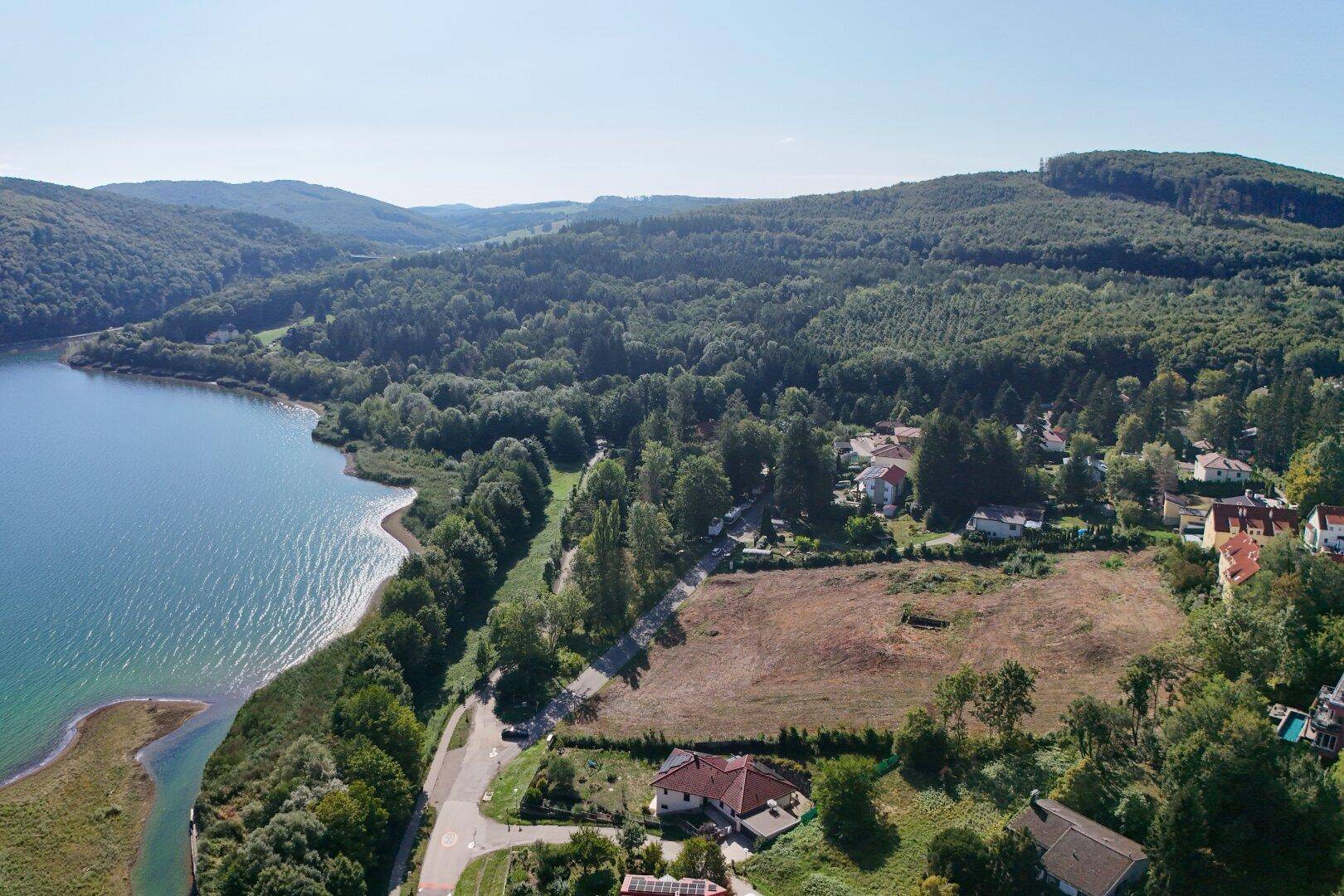 Weitläufige Ansicht eines Sees, bewaldeter Hänge und eines gerodeten Grundstücks mit Häusern.