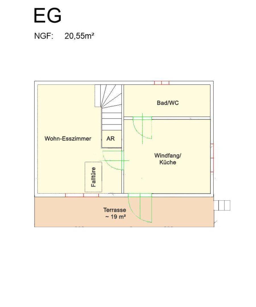 Grundriss des Erdgeschosses mit Wohn-Esszimmer, Küche, Bad/WC und Terrasse.