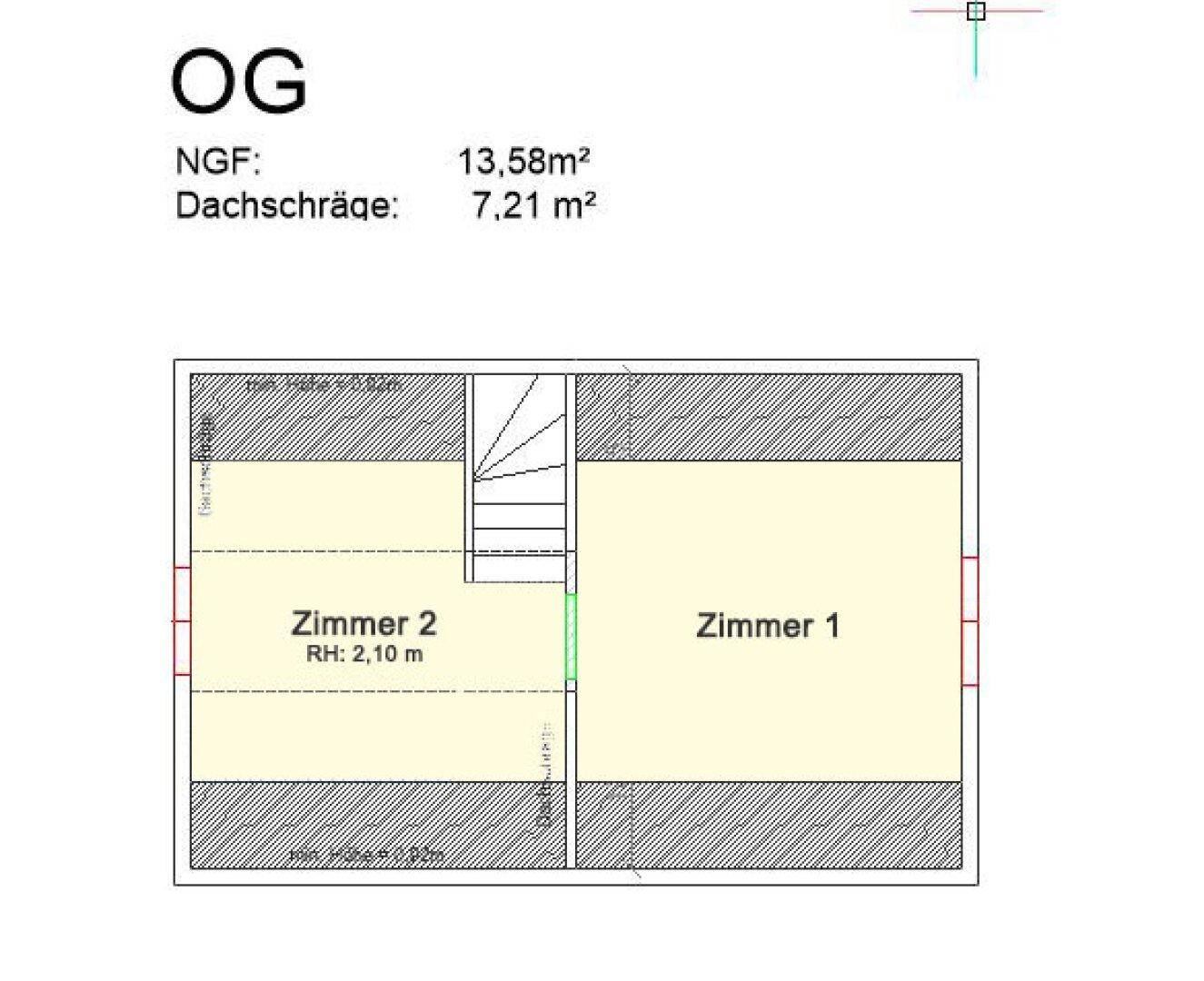 Grundriss des Obergeschosses mit zwei Zimmern und Dachschrägenbereich.
