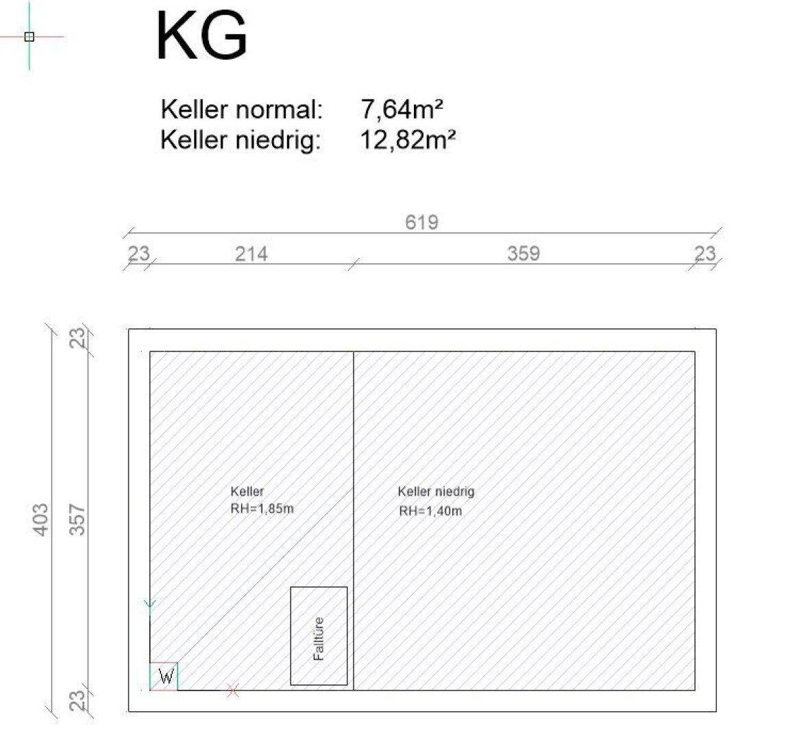 Grundriss des Kellergeschosses mit zwei unterschiedlich hohen Kellerbereichen.