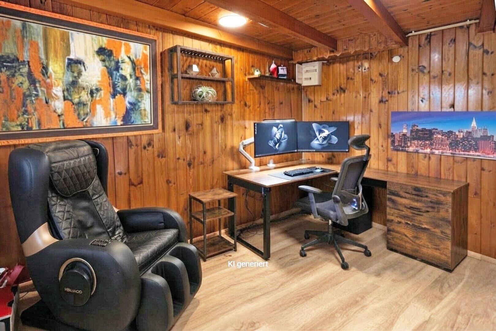 Gemütliches Büro mit Holzvertäfelung, Massagesessel und moderner Computerausstattung.