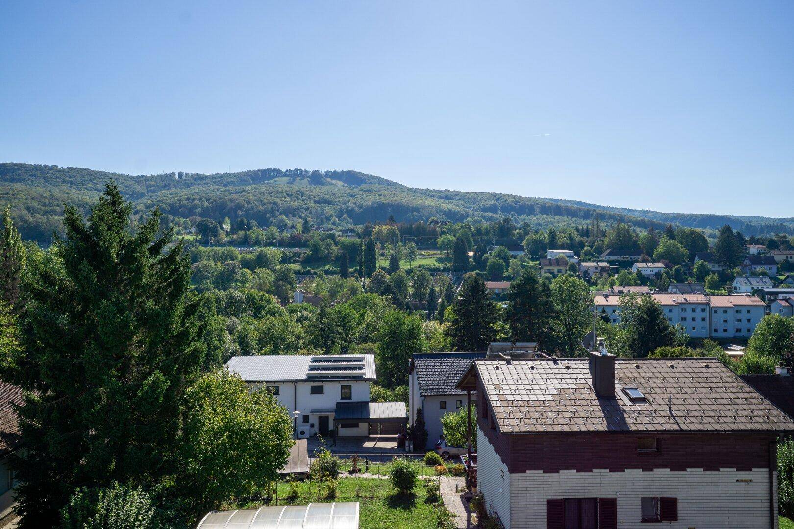 Weitläufiger Blick über die grüne Hügellandschaft mit umliegenden Häusern und viel Natur.
